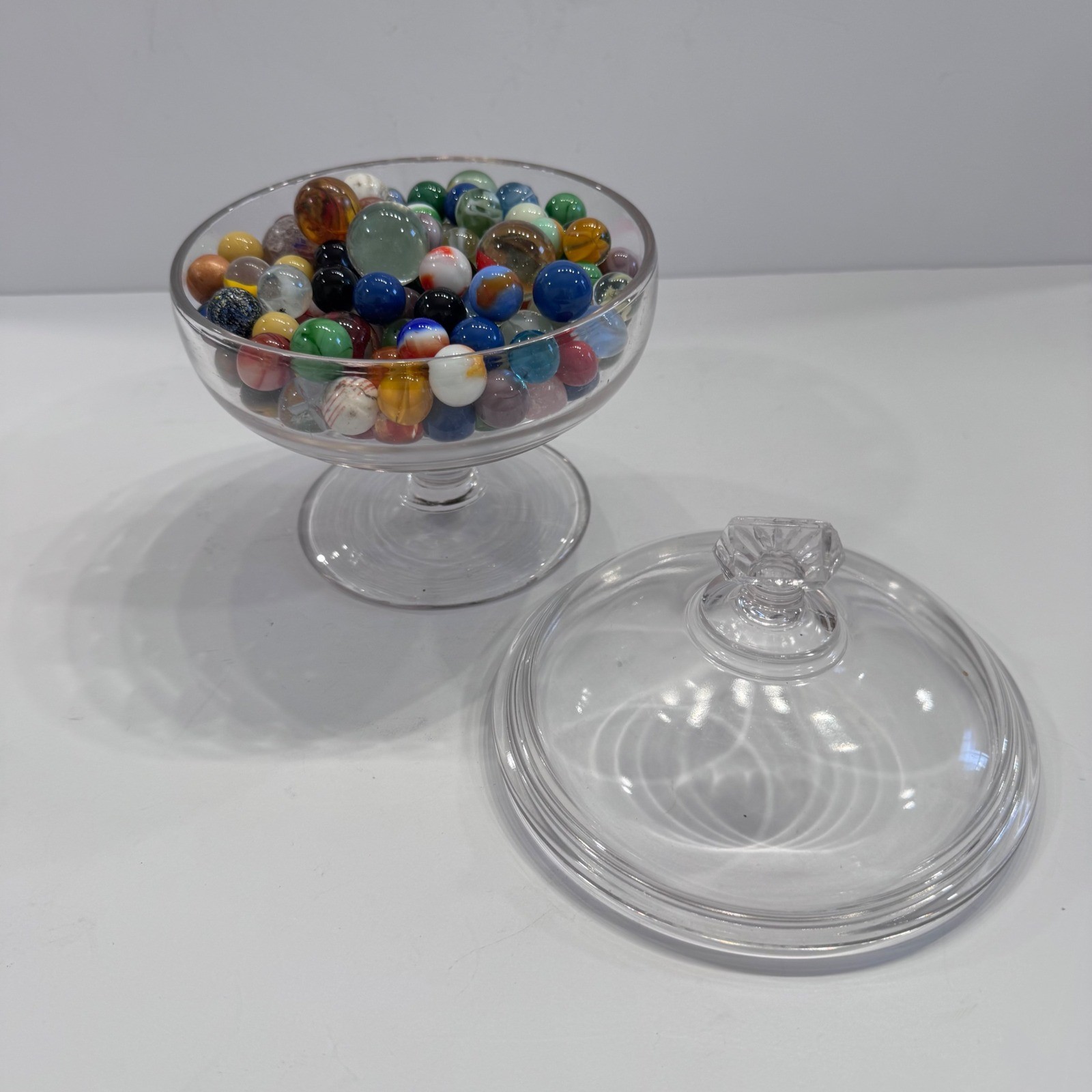 Glass Candy Dish Jar with Lid and Colorful Vintage Marble Assortment