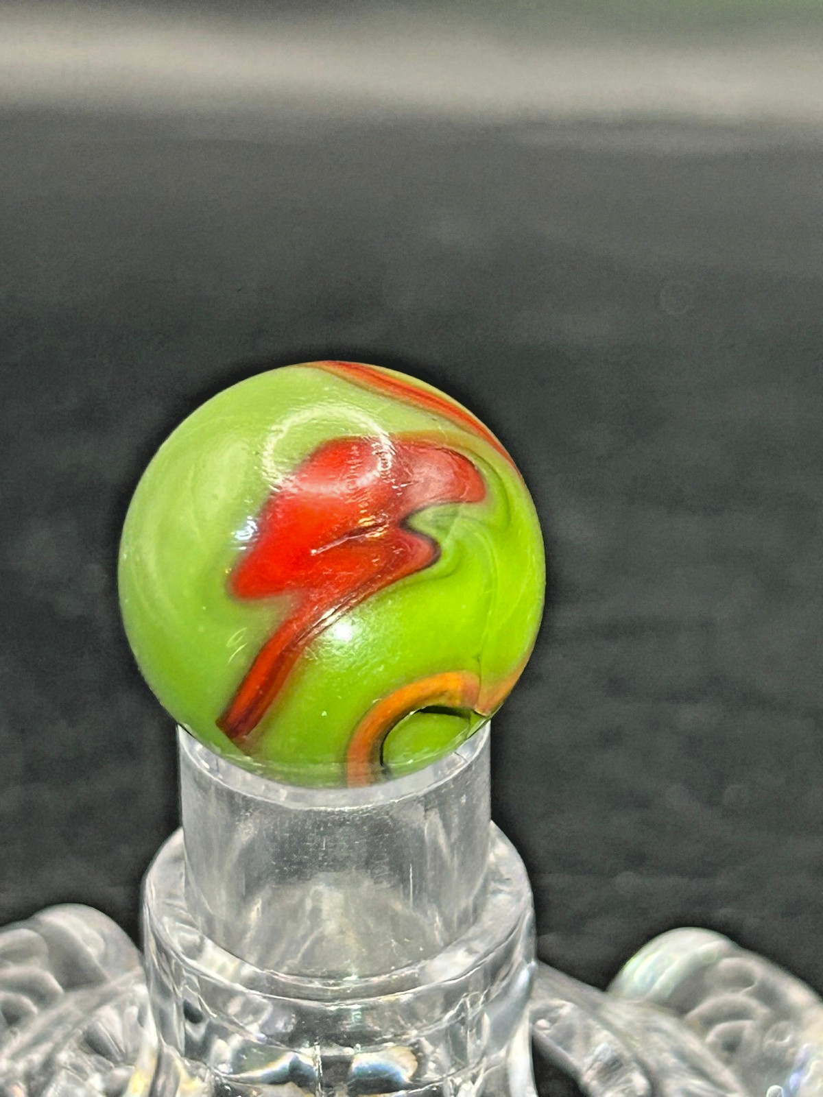 Vintage Peltier NLR Flaming Dragon Marble, Green Base/Red Ribbons, .79″, Mint, #