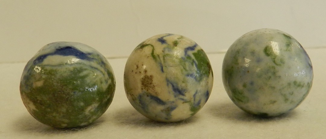 #21029m Vintage Group of 3 German Handmade Crockery Shooter Marbles .82 to .83