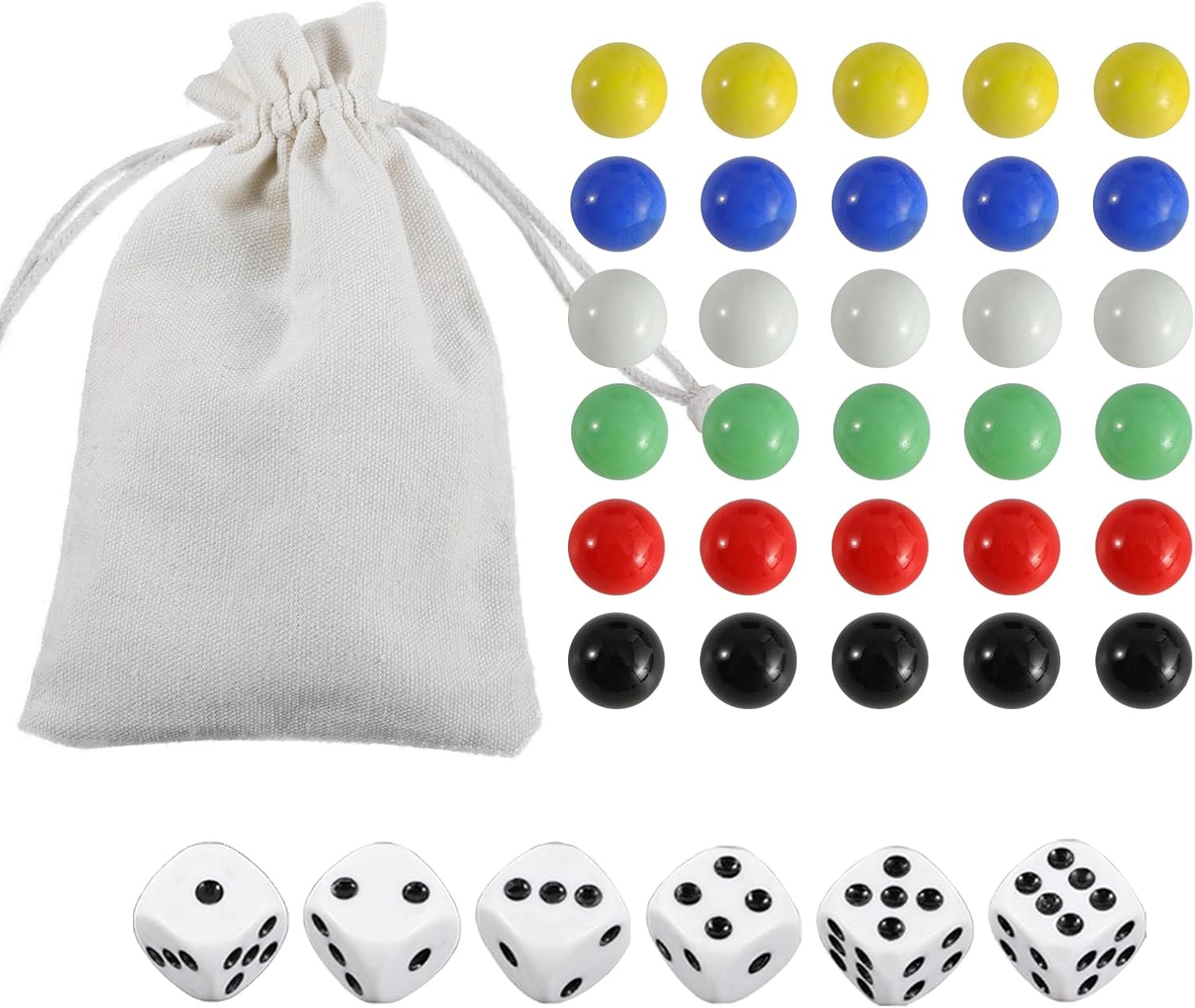 30 PCS Glass Marbles 6 Colors for Wahoo Marble Games and 6 Dices (0.63Inches)