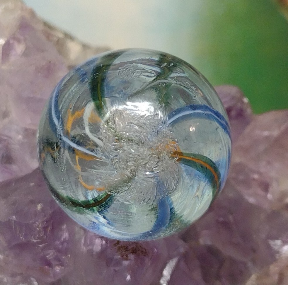 .71″✨ Orange & White Latticinio Net Core Handmade Swirl Vintage German Marbles