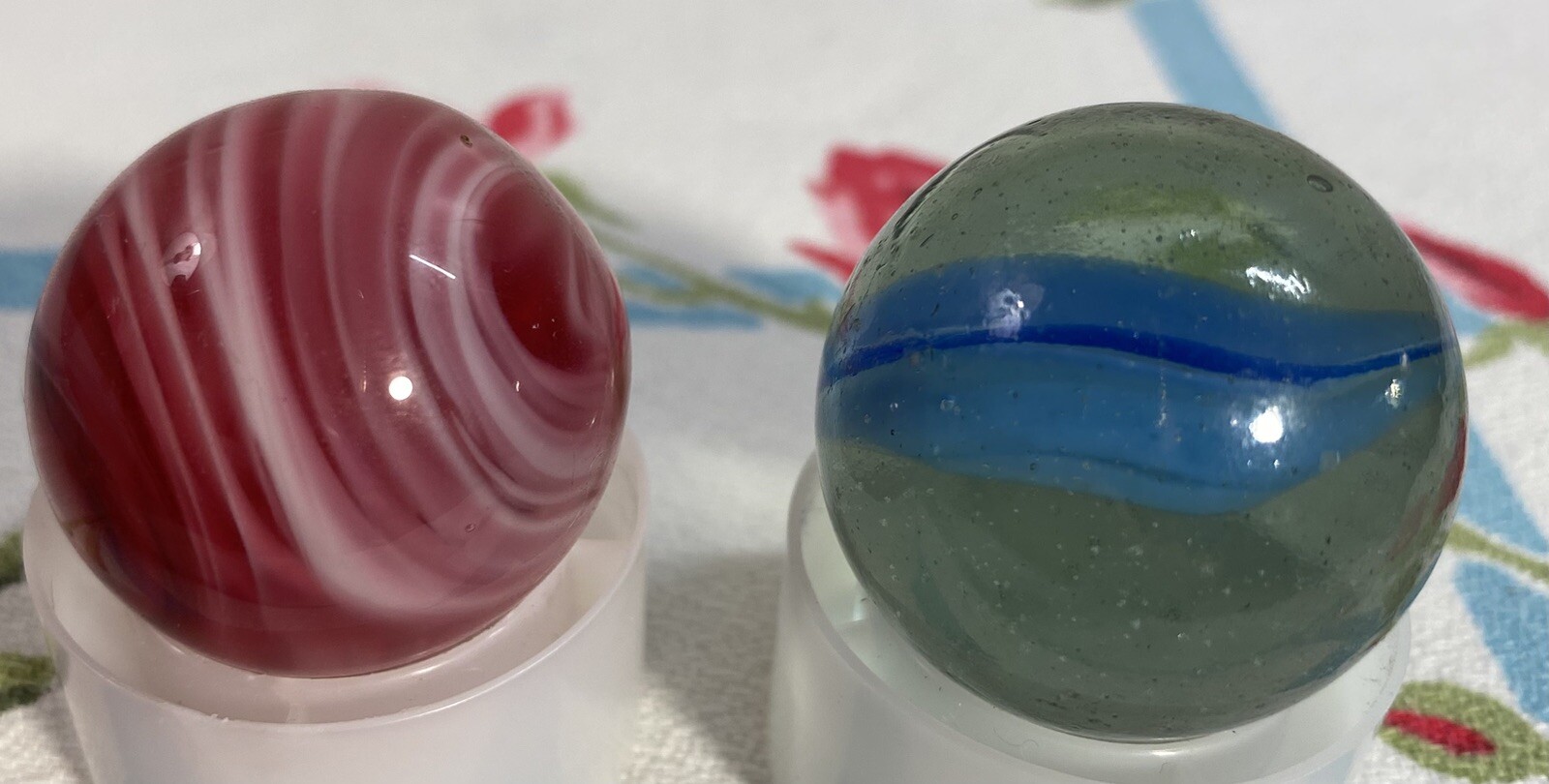 Shooter Glass Marbles (2) Blue Swirl. and Pink and White Swirl