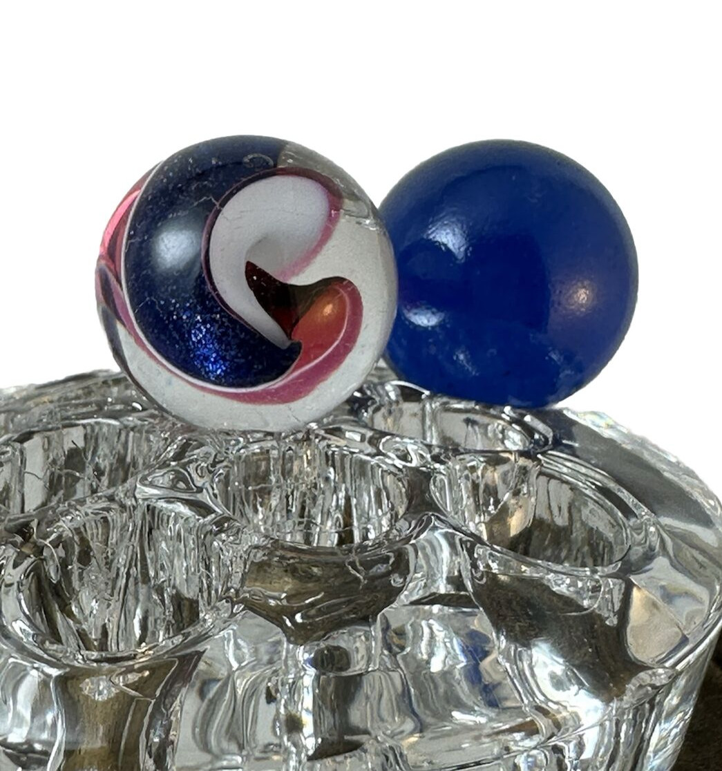 2 MARBLES BLUE 71/128 & RED WHITE & BLUE GLITTER RIBBON SWIRL 39/64 BEAUTY!