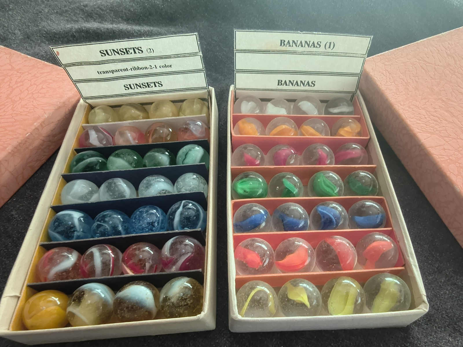 Two Rare Original Peltier Glass Co. Jobber Box Sets Rainbo And Banana Marbles