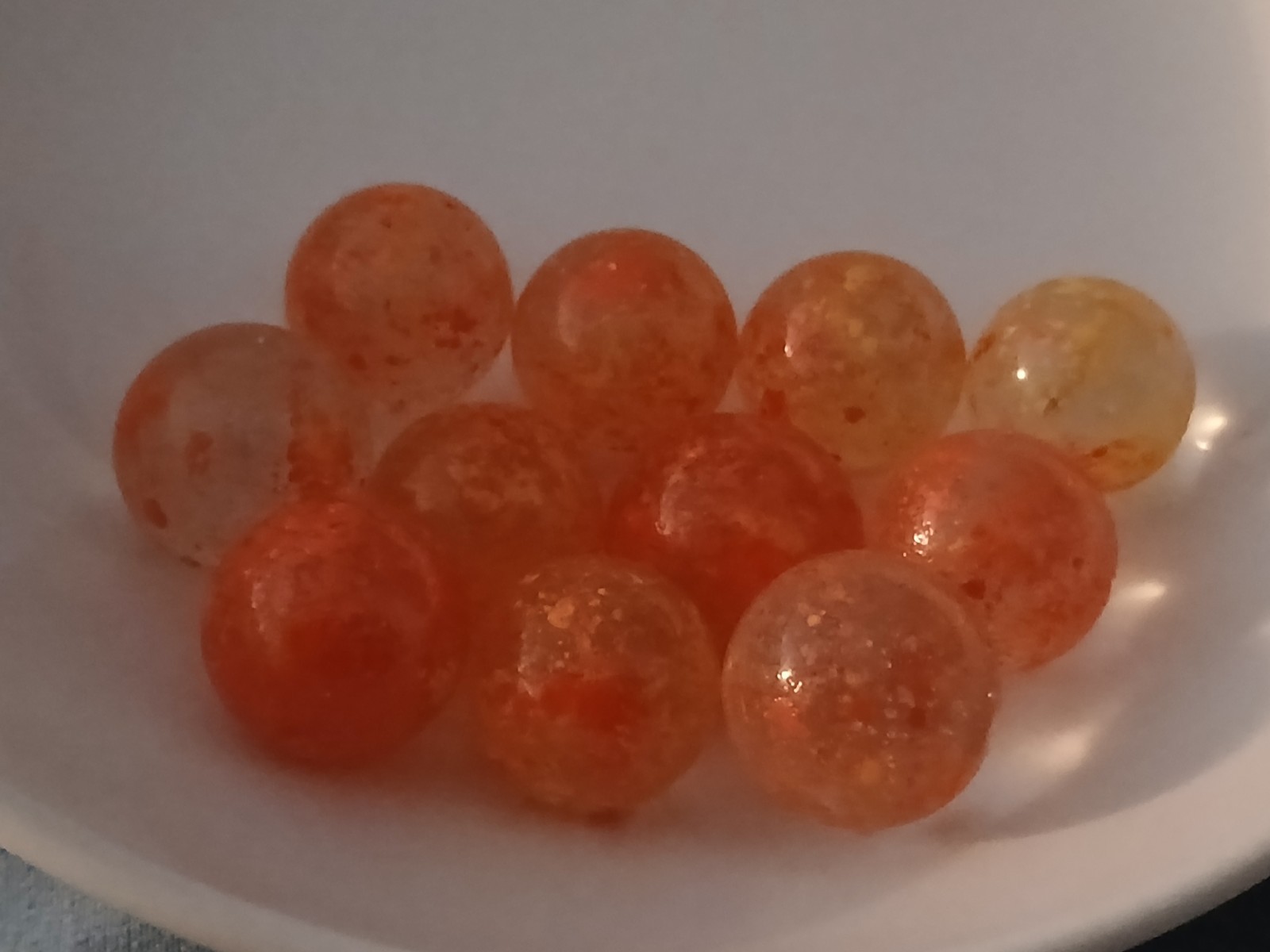 11 Vitro Agate Frit,Uranium Speckled Marbles Orange/Red/Yellow Speckles 1940s