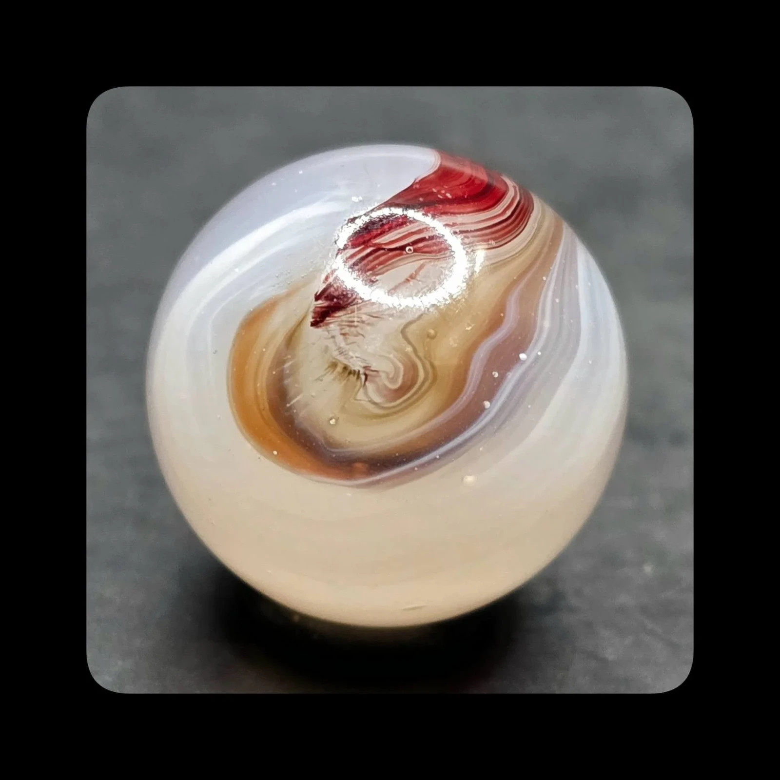~Mic’sMibs~3/4″ Akro Special Silver Oxblood Shooter w/ Caramel NM+ 8.8