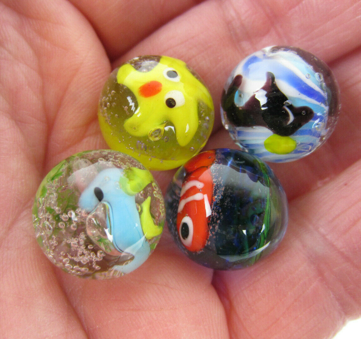 4 UNDER THE SEA Marble Seal, Fish, Starfish, Seahorse 16mm Handmade art glass