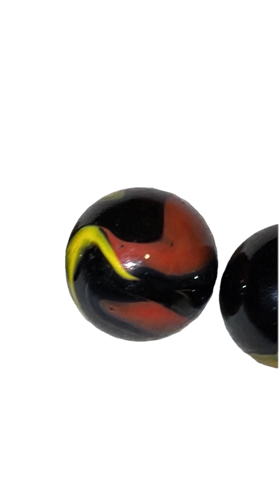 Lot of 3 Vintage US Glass Swirl Marbles Black Red Yellow Fire Polished 1 Inch