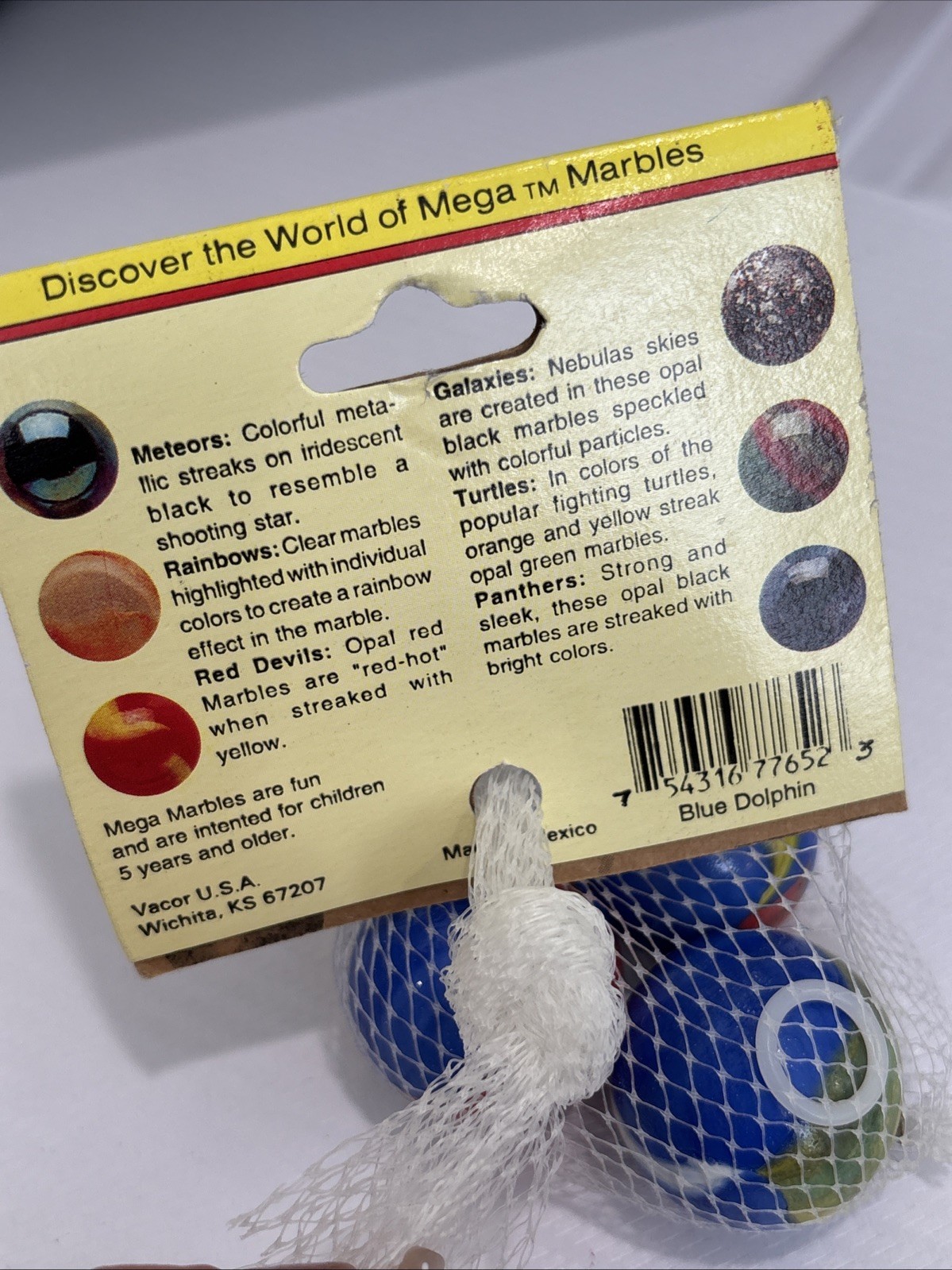 “BLUE DOLPHIN” VACOR MEGA MARBLES Vintage 1990s Net Bag 3- 35mm Shooters