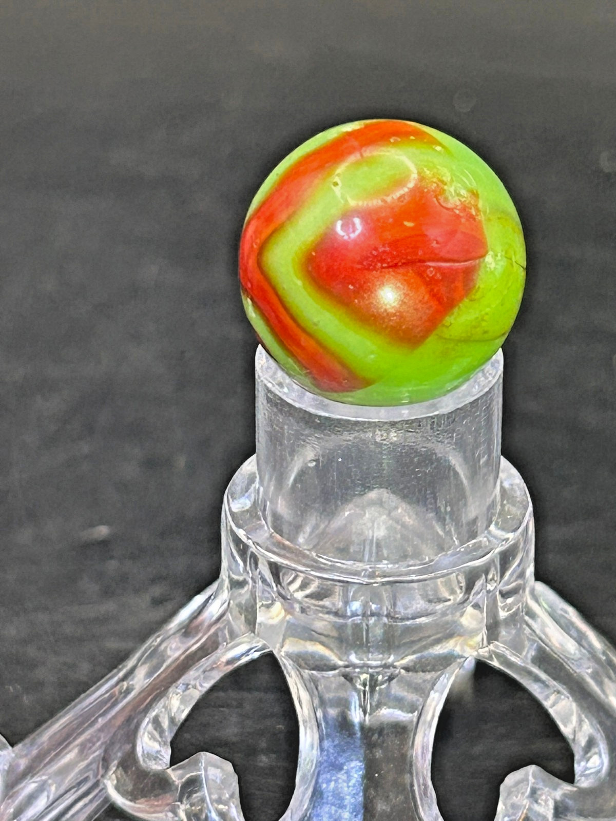 Vintage Peltier NLR Flaming Dragon Marble, Green Base/Red Ribbons, .67″, NM+ #P4