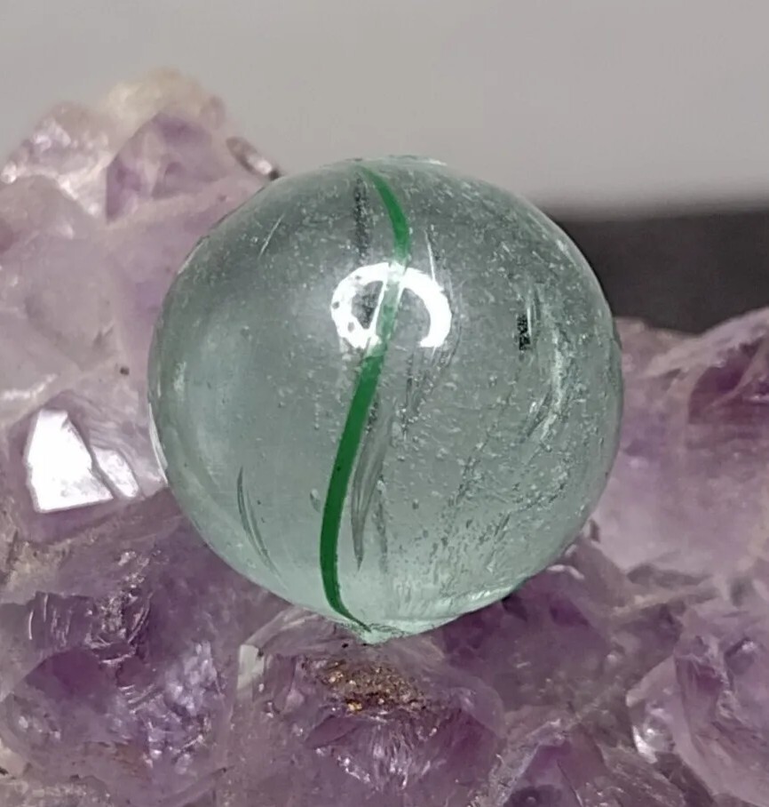 WOW Clear Base Green Banded Transparent EOD Swirl Antique German Marbles .60″ NM