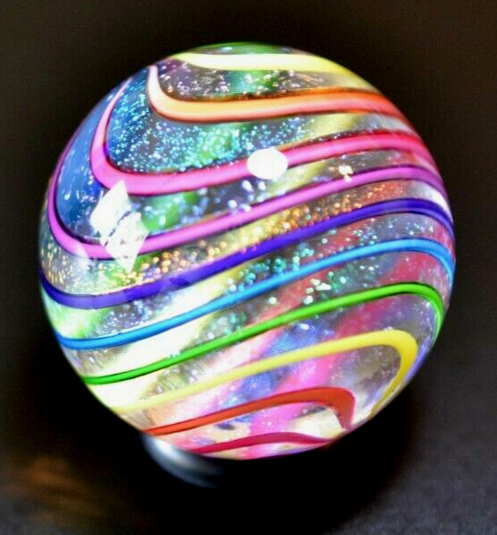 JAMES ALLOWAY GLASS MARBLE/1.166″-RAINBOW GLITTERBALL # 332-LIJE,MAGENTA,VIOLET+