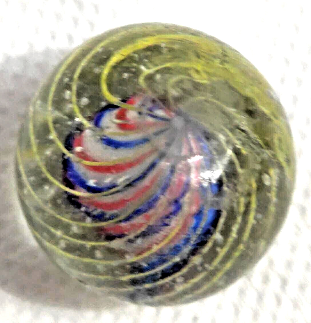 OLD 2 TOY MARBLES multi colored solid core caged 1 tri level ,2 blue base glass