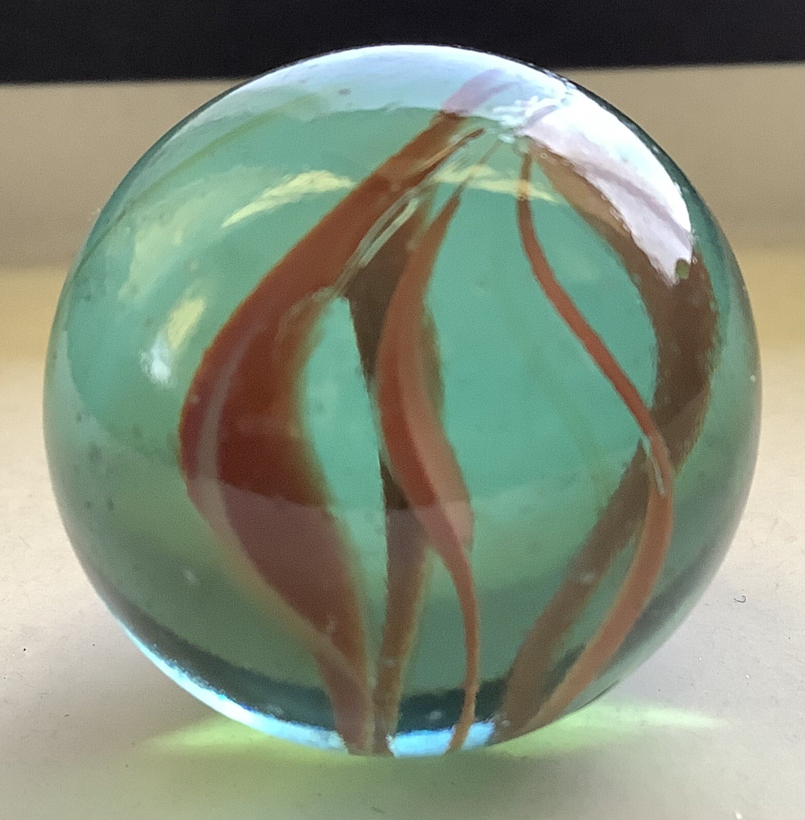 Vintage Estate Large 6 Vein Rust Red Color In Aqua Glass Shooter 1” Marble