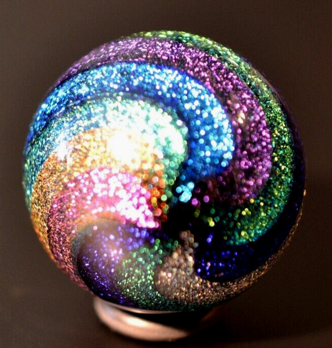 JAMES ALLOWAY GLASS MARBLE/1.358″-DICHROIC RAINBOW STARDUST #639-VIOLET,FOREST +