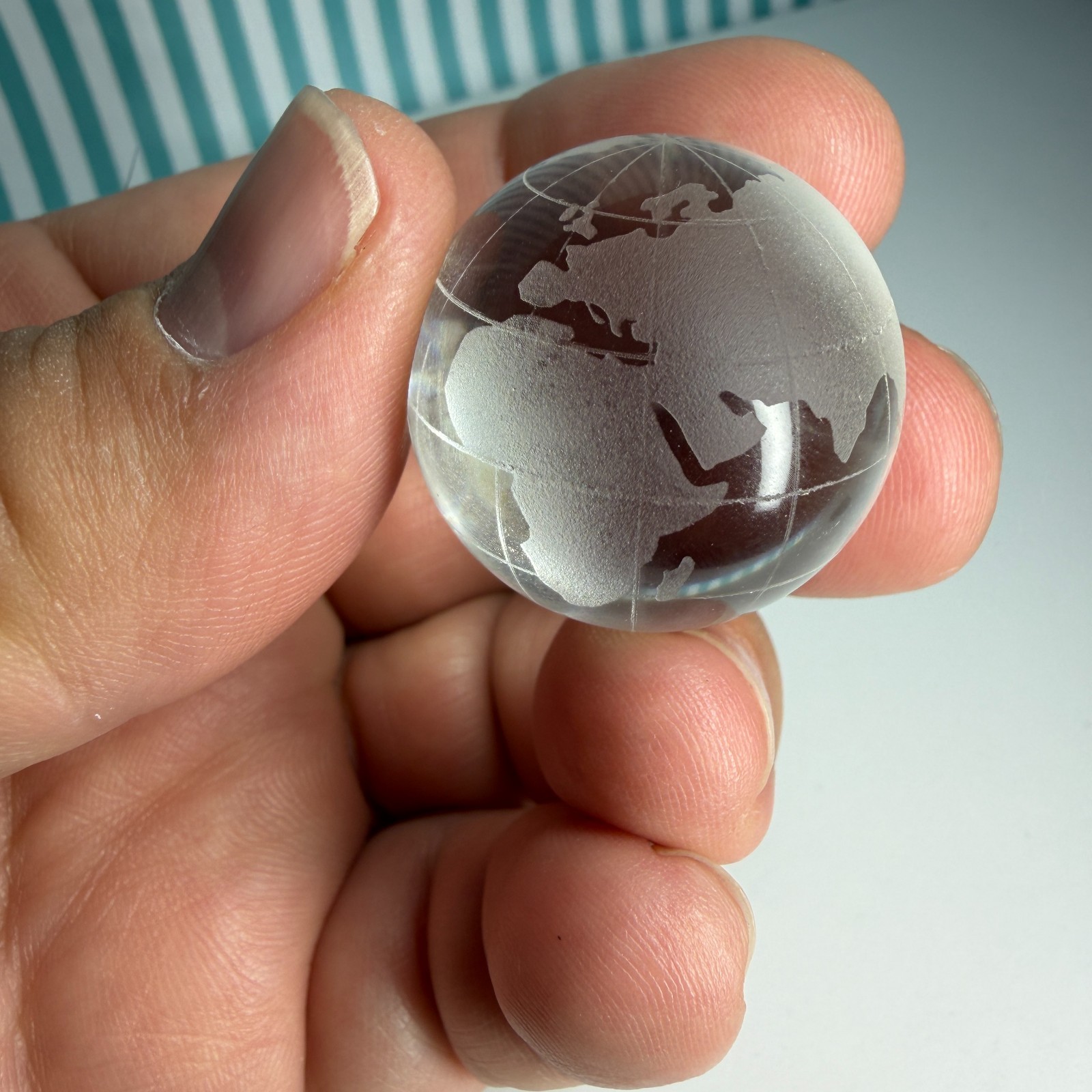 World Map Globe Crystal Sphere Etched Glass Marble 30mm (1.25″) Handmade + Stand