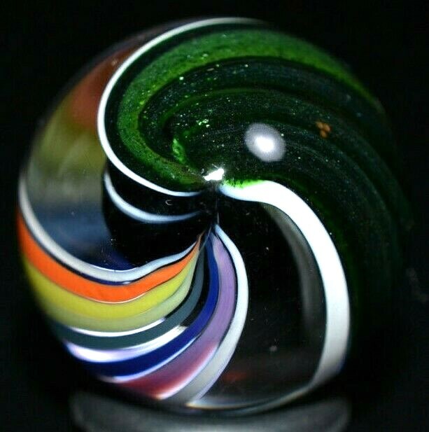 JODY FINE HANDMADE GLASS MARBLE/.880″-ZEBRA CORE w/RAINBOW & GREEN LUTZ RIBBONS-