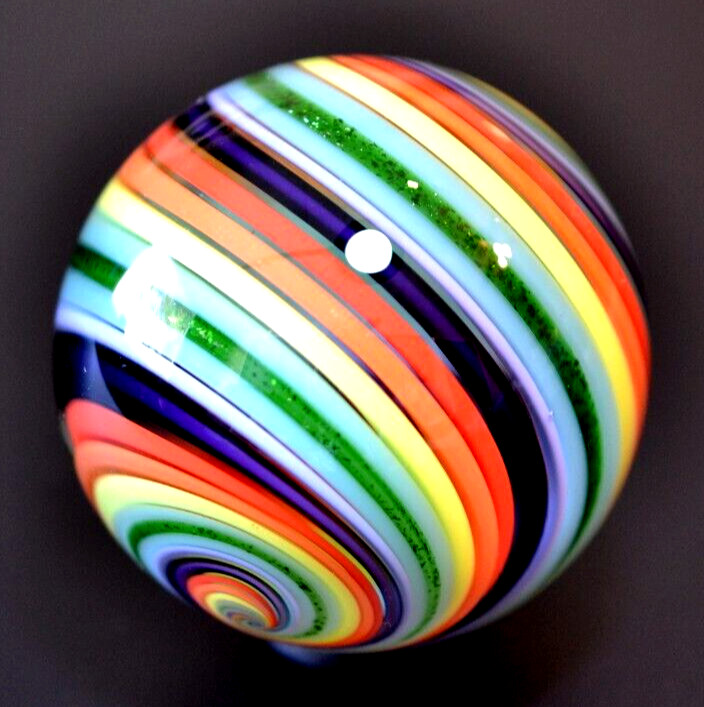 EDDIE SEESE GLASS MARBLE/1.785″-MULTI-COLORED DT w/GREEN AVENTURINE-BUTTERNUT,BL