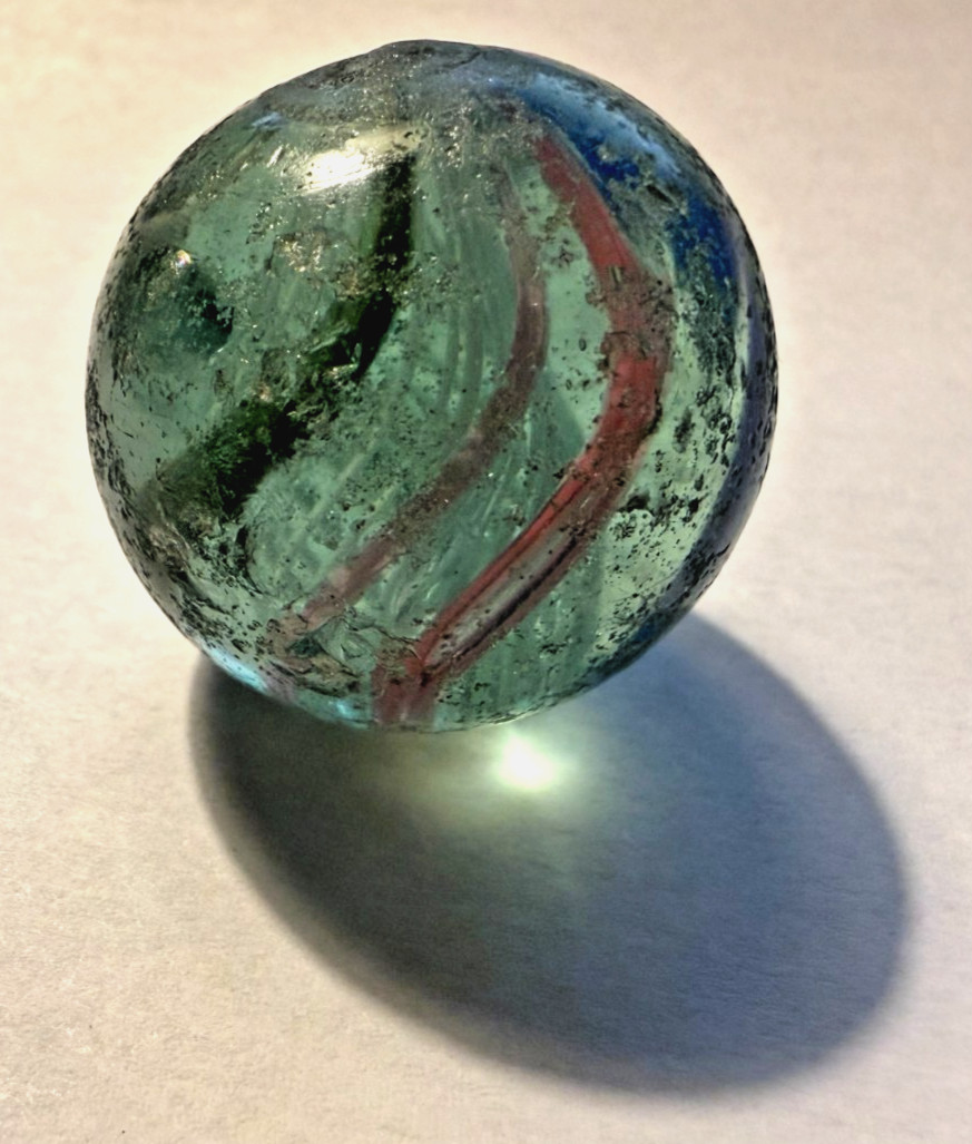 1″ ANTIQUE HANDMADE GERMAN MARBLE, WHITE Latticino CORE, Pink, Blue Ribbon