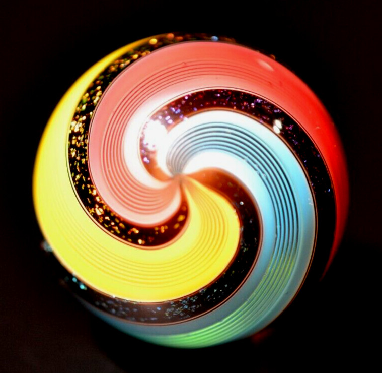 HOT HOUSE GLASS MARBLE/1.475″-TRIPLE BANDED FINE LINER-TURQ,SUNFLOWER,TOMAT0&DIC