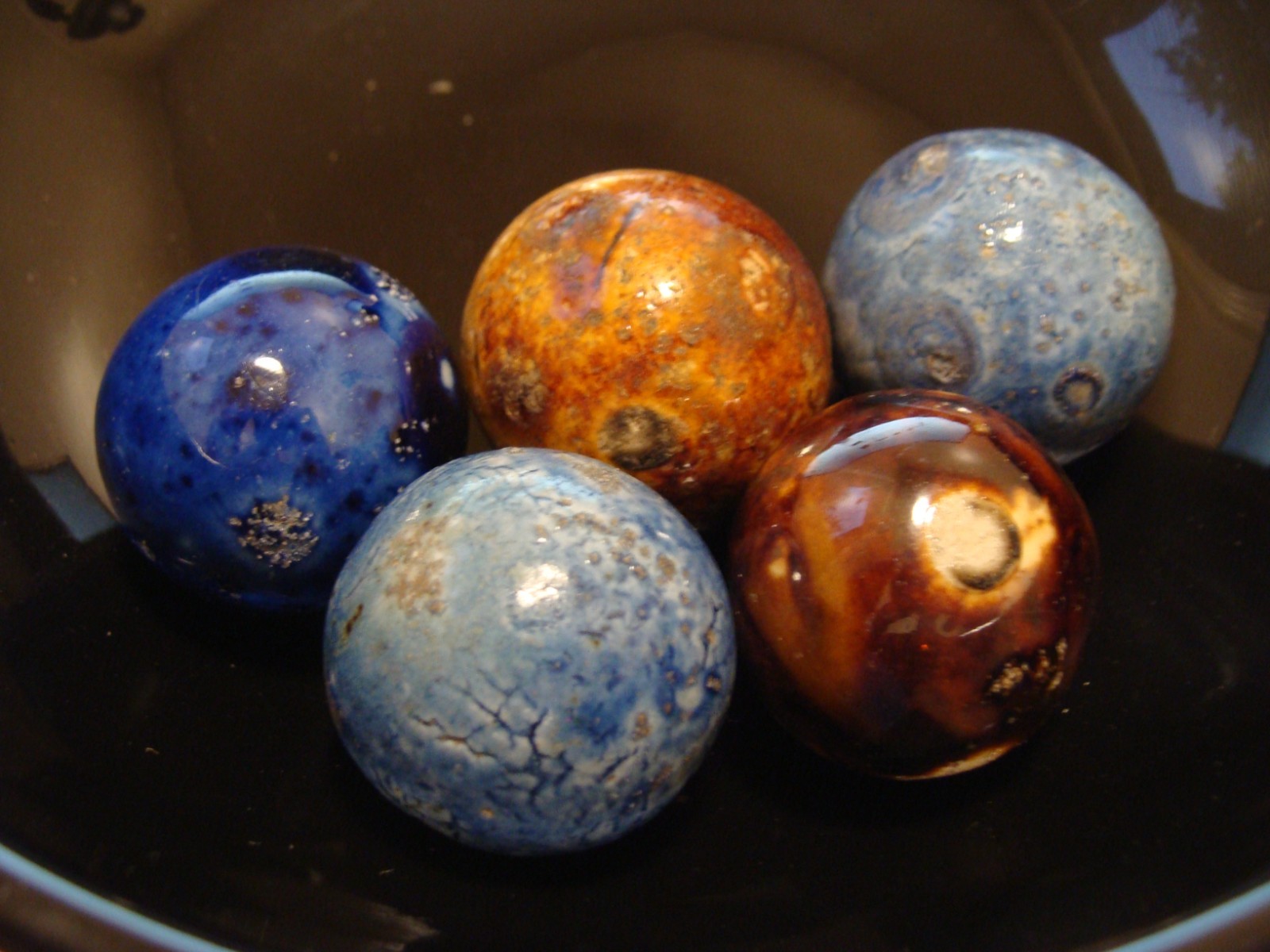 5 Marbles Antique Vintage German Handmade Huge Bennington Shooters Brown Blue