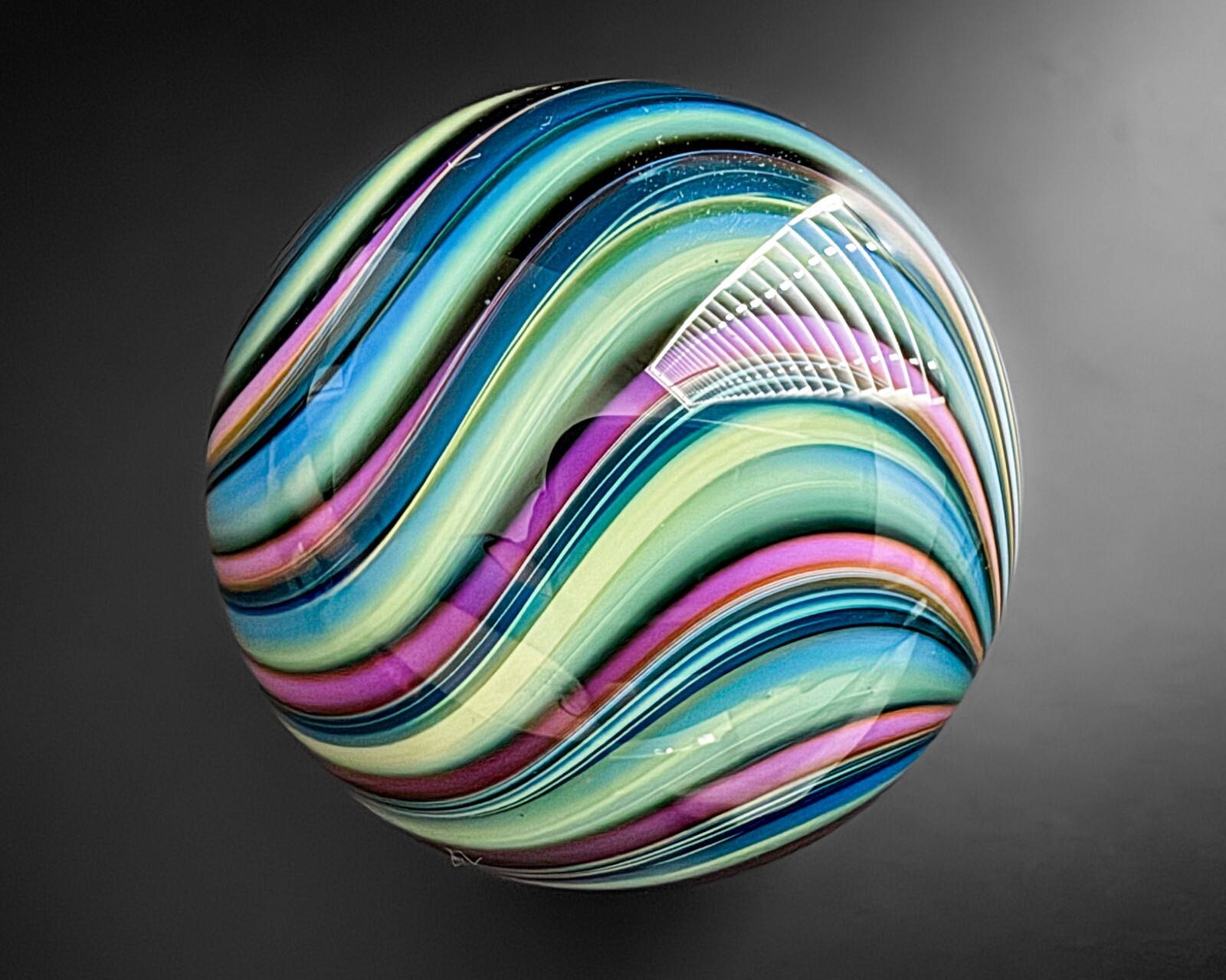 Fritz Lauenstein 1.5″ Green Purple Lampwork Swirl Art Glass Handblown Marble