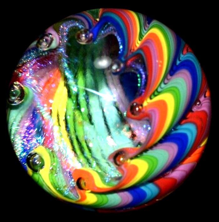 JAMES ALLOWAY HANDMADE MARBLE/2.623″-DICHROIC RAINBOW VORTEX # 3217-LIME,ROYAL +