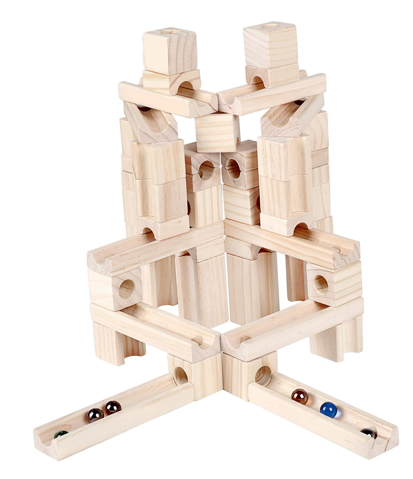Golden Age Marble Run Toys, 60 Pieces Wooden Classic Ramps 60, Light Brown