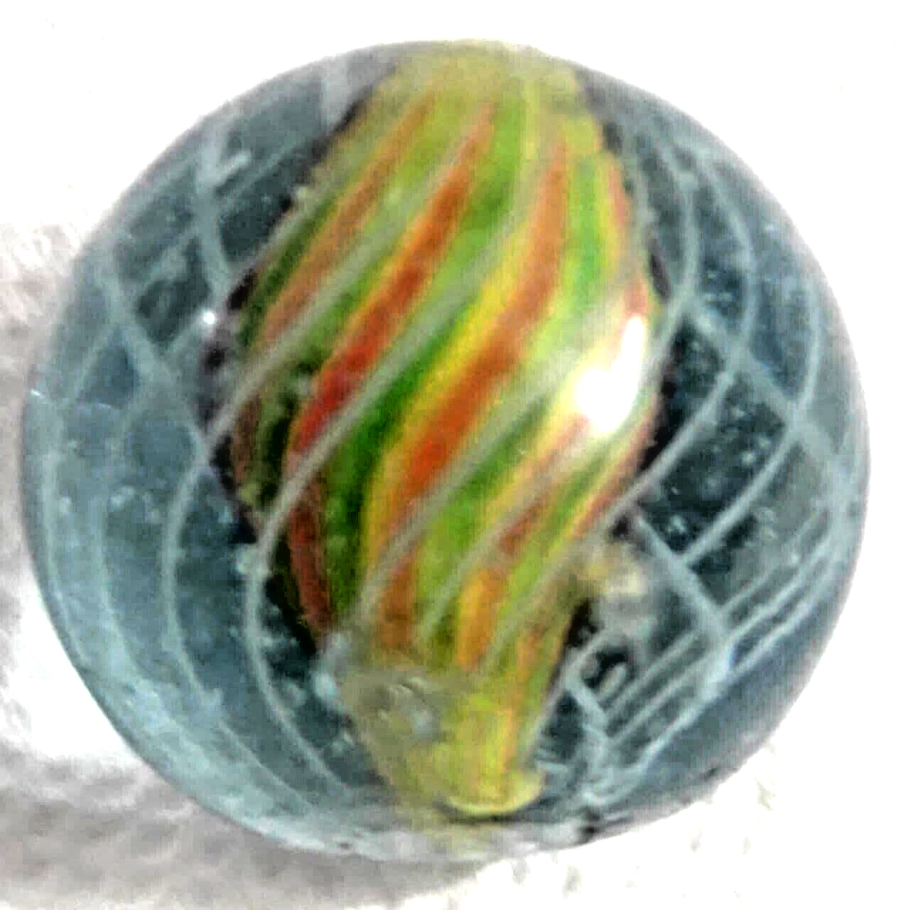 OLD 2 TOY MARBLES multi colored solid core caged 1 tri level ,2 blue base glass
