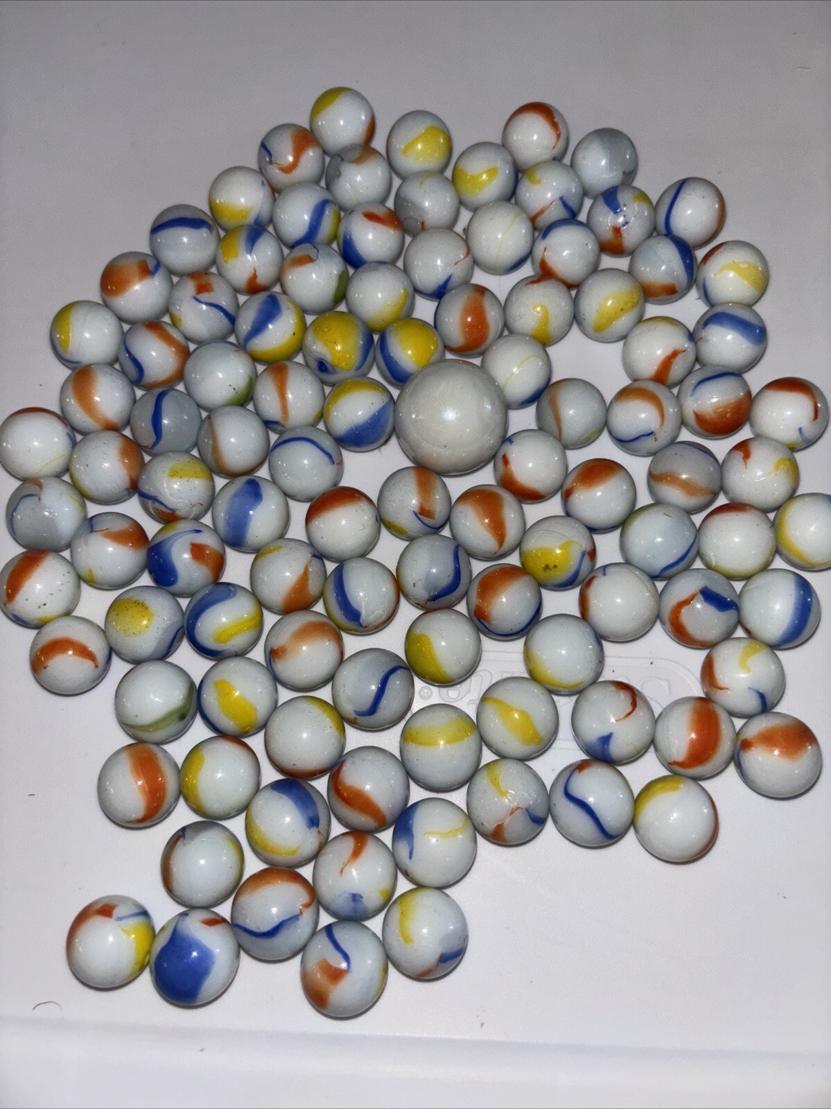 100+ Glass Marbles Opaque White Ribbon Swirls Blue Orange Yellow + White Shooter