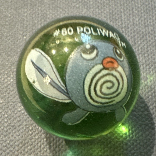 Green Glass Marble w/ Pokémon Poliwag Character Image, Machine Made #60