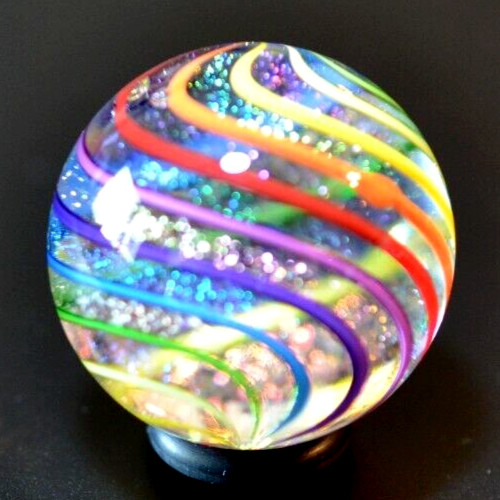 JAMES ALLOWAY GLASS MARBLE/1.225″-RAINBOW DICHROIC GLITTERBALL #354-MAGENTA,YLW+