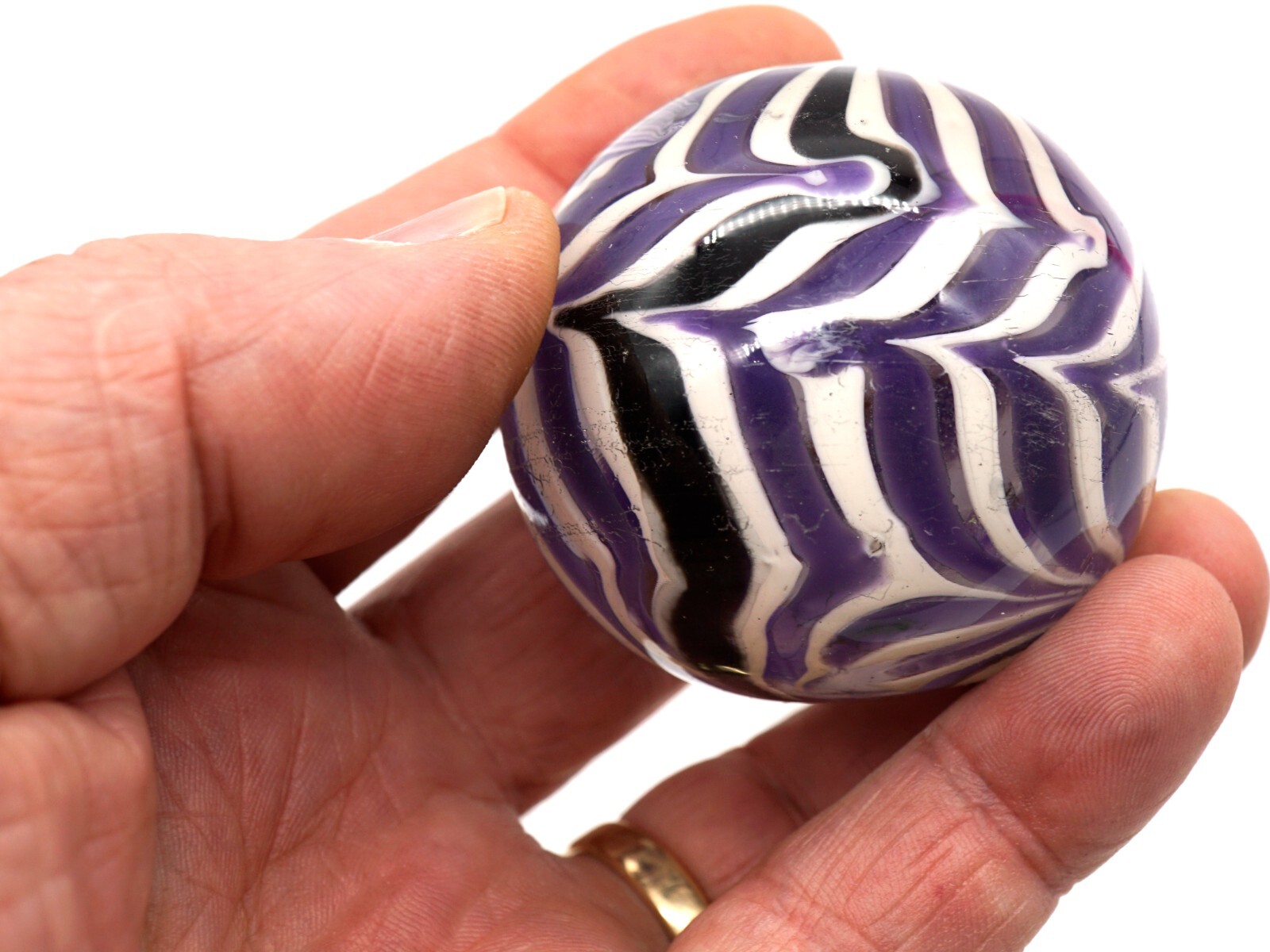 Art Glass Marble Reverse Twisted Spiral Swirl Purple & White One Black Swirl