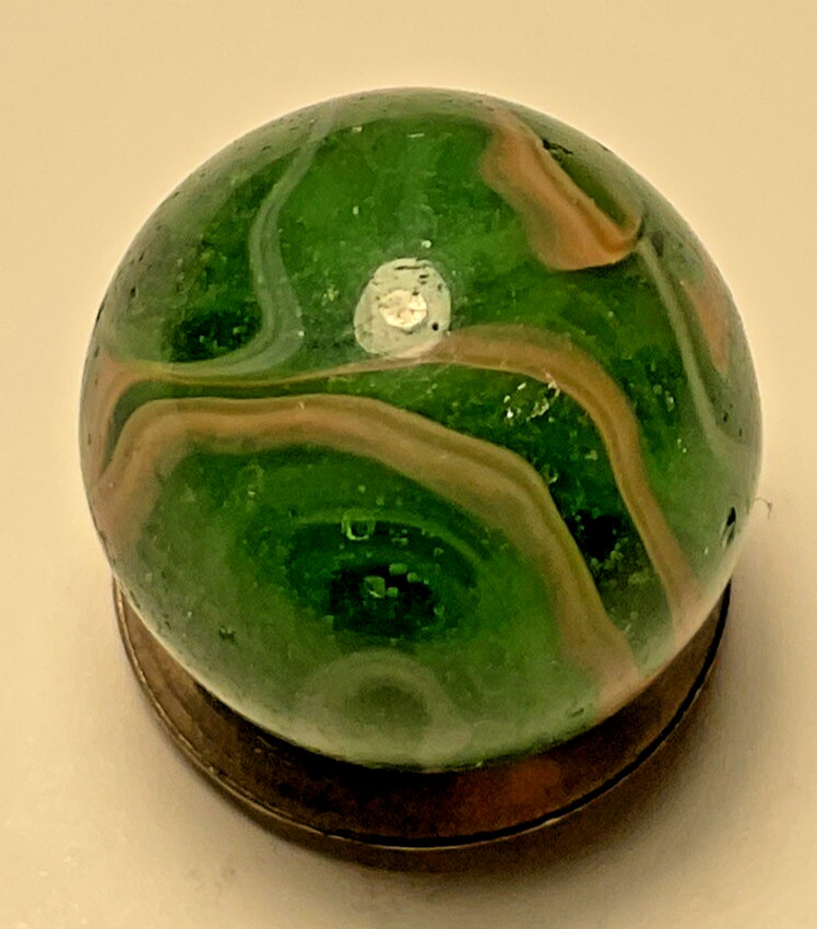 A Vintage Alley Agate Company “ Coral Marble On A Transparent Green. .57” In NM