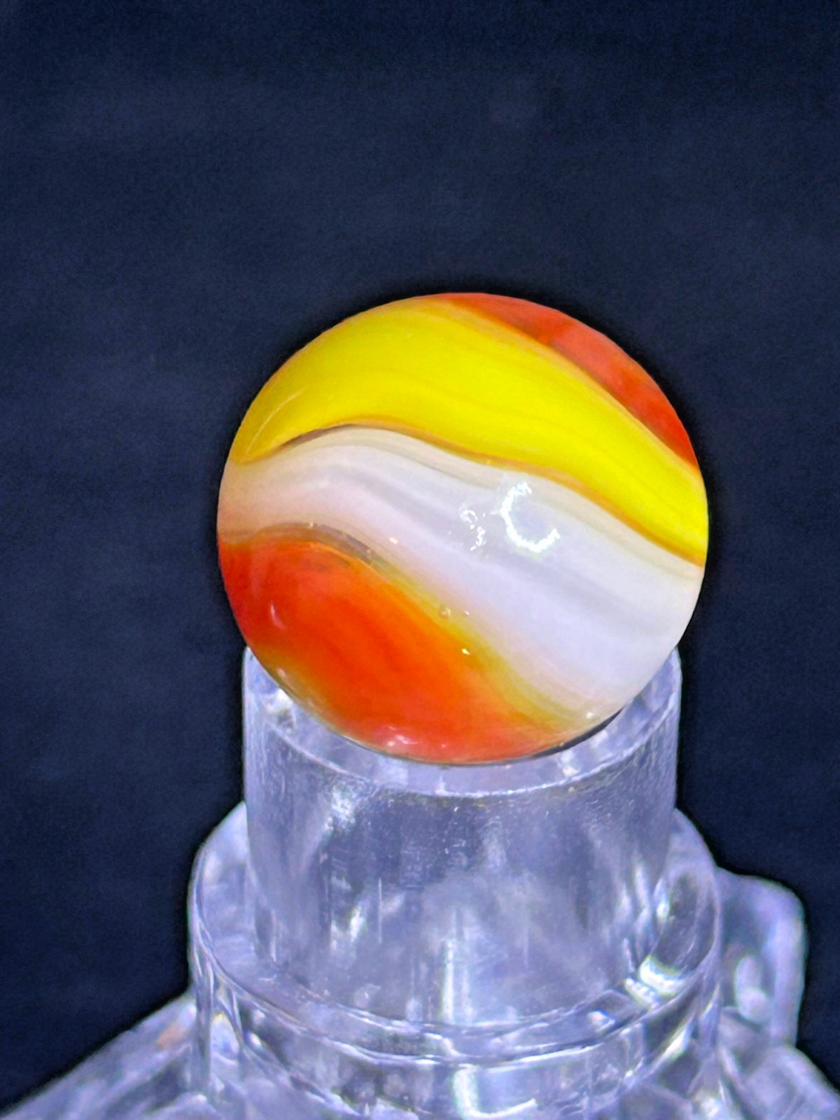 Vintage Akro Agate Popeye Marble, Red/Yellow/White, UV+, .64″, Mint-, #AP12