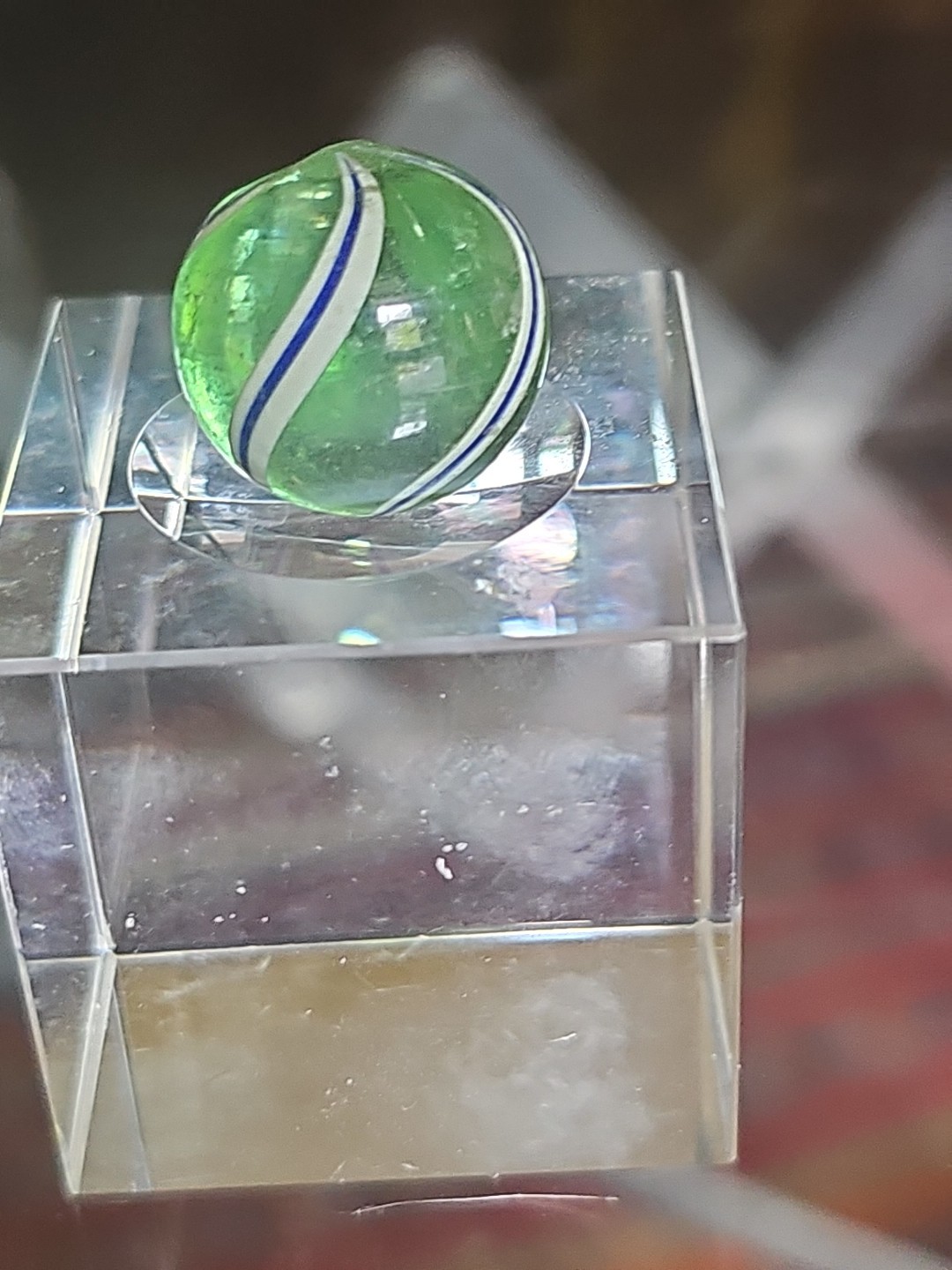 Antique German Handmade Blue White Banded Marble .78 Minty Green Transparent