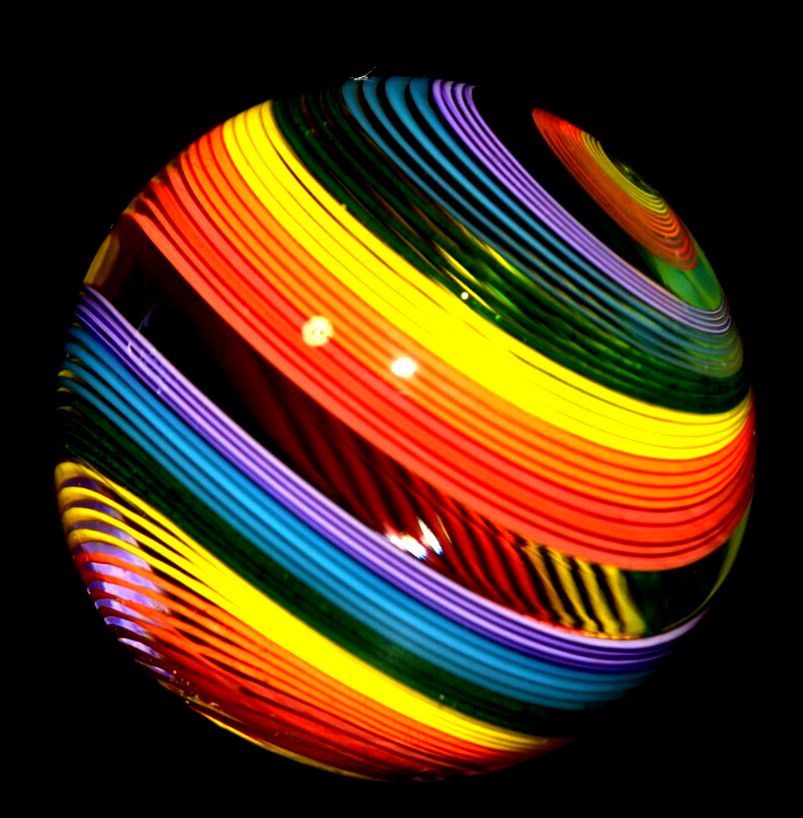 JOHN GIBBONS GLASS MARBLE/1.853″-GREEN LUTZ,RED,ORANGE,MAGENTA,YELLOW,TURQ+