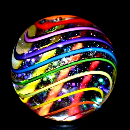 JAMES ALLOWAY GLASS MARBLE/1.225″-RAINBOW DICHROIC GLITTERBALL #354-MAGENTA,YLW+