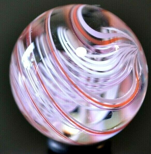 JODY FINE GLASS MARBLE/1.329″-WHITE & TRANS.PINK LATTICINIO TORNADO PEPPERMINT-