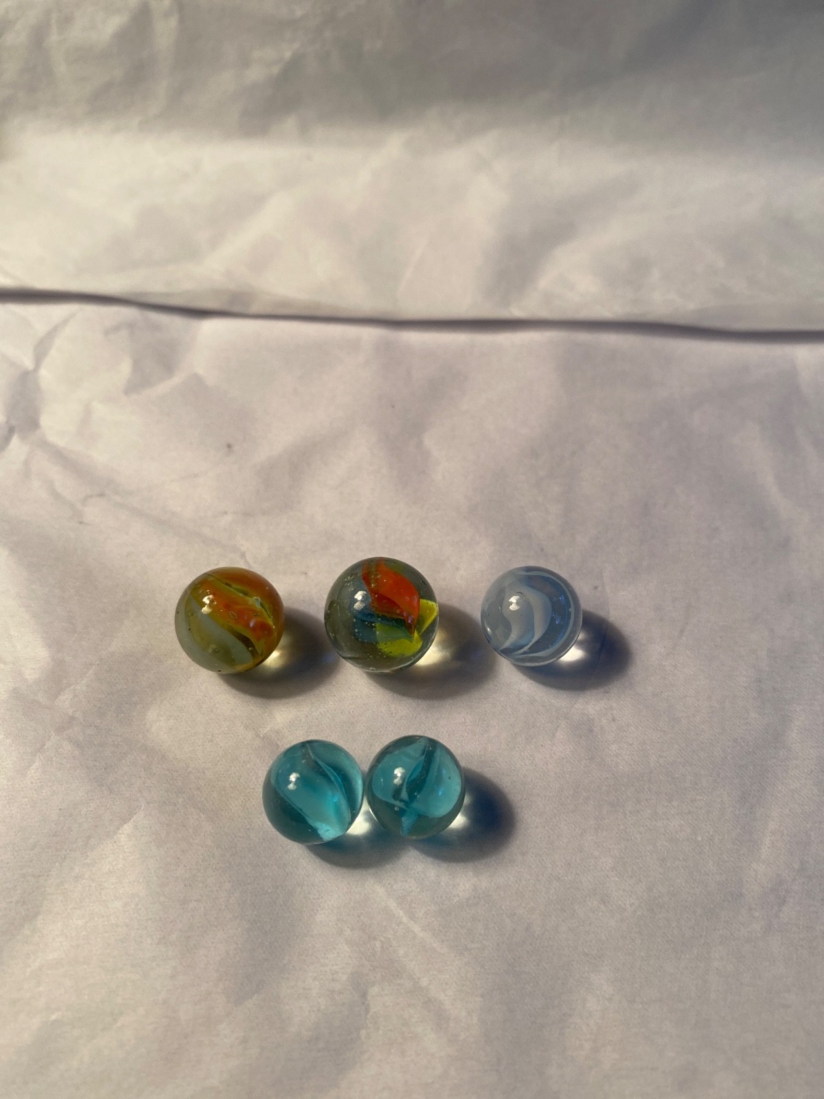 5 VINTAGE MARBLES (includes 2 Tiny Marbles) All Clear w/Color thru out