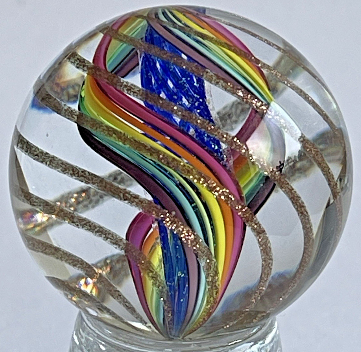 2005 EDDIE SEESE MARBLE GLASS ART GOLD LUTZ RIBBON SWIRL PURPLE CORE FES 1.50″