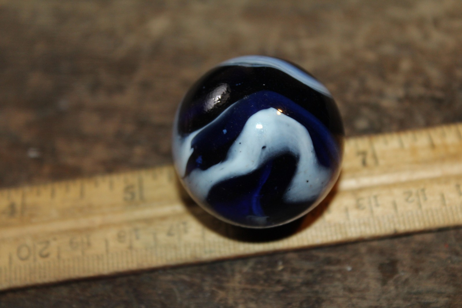 Vintage Machine Made Large Glass Shooter Marble Cobalt Blue White Swirl 1-1/4″
