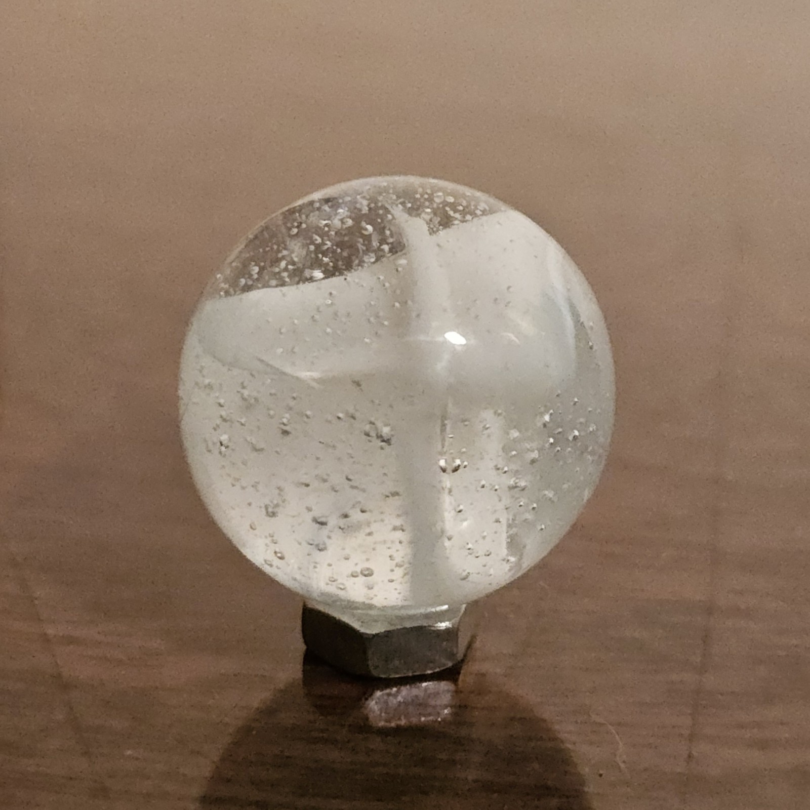 C E Bogard White 4-Lobe Floppy Cats Eye Clear Glass .875 Shooter Marble