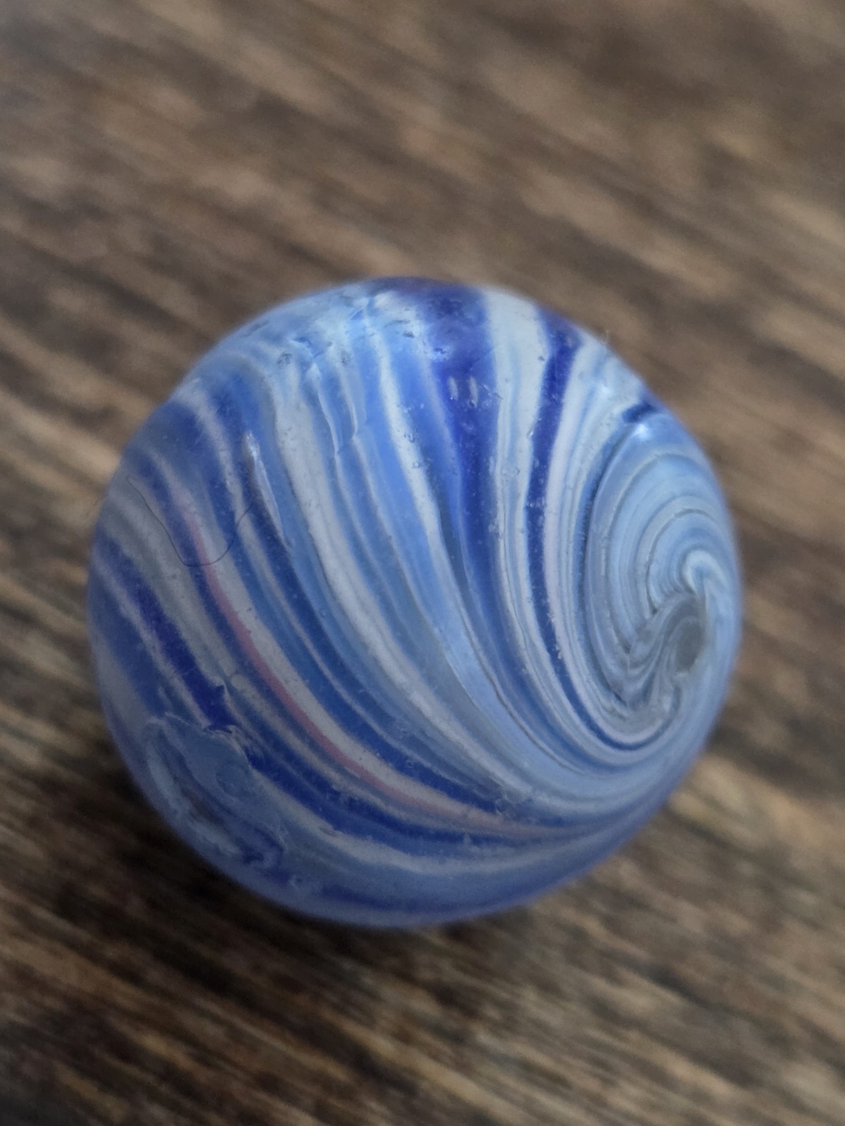 Vintage Handmade .82″ German Blue Onionskin Marble White Aysmmetric Pink Streak