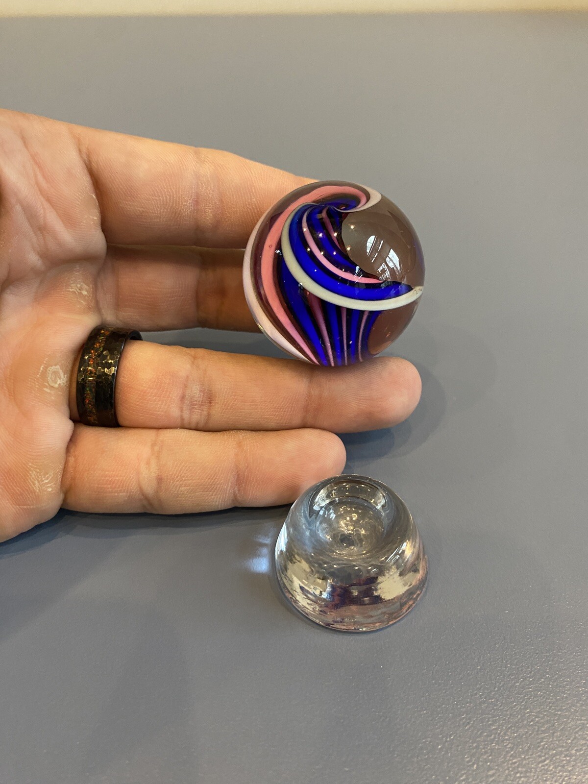 BEAUTIFUL Blue Pink & White Swirled Art Glass Marble W/Stand 1.5″