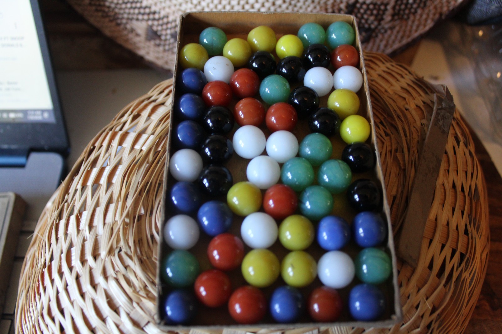 60 Vintage Original Box Vitro Agate No 00 Parkersburg Glass Game Marbles Machine