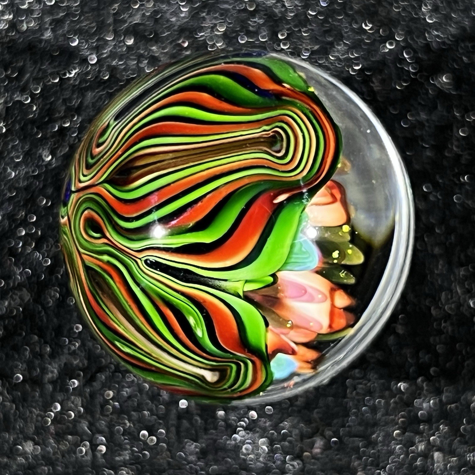 1 1/8” Mad Man Marbles Multi Christmas Color Reverse Twist Marble Signed MMM 11