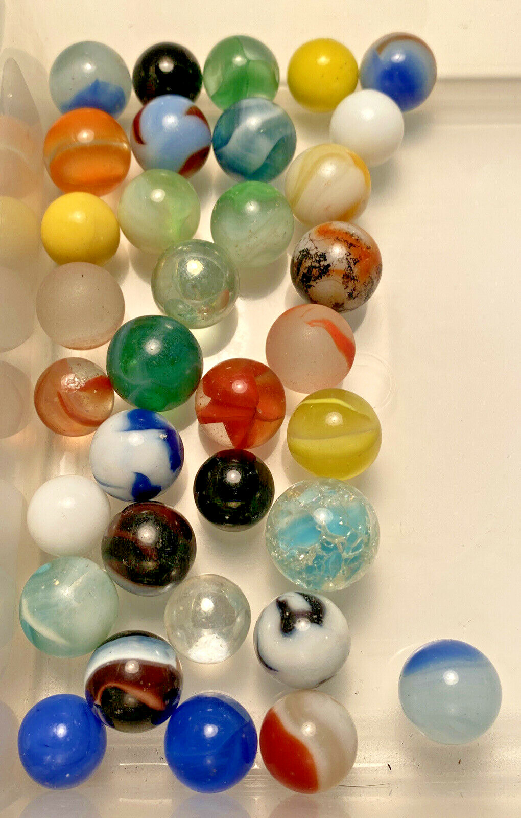 Vintage ? Lot of 34 Marbles Glass Crackle Blue Solid Yellow Green Orange Toy
