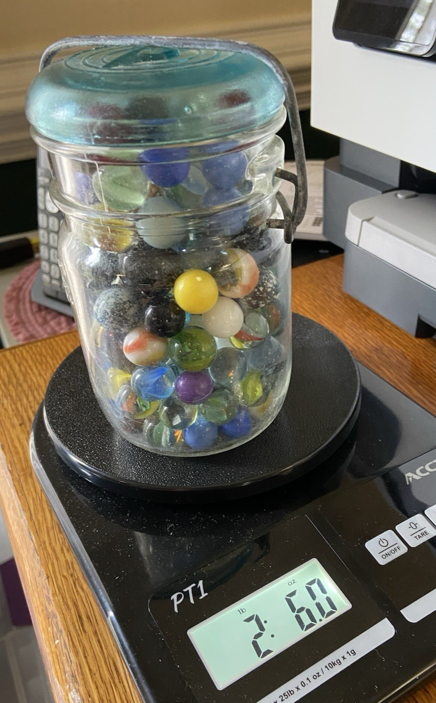 Jar Full of Vintage Marbles in Antique Atlas E-Z Seal Large Pint 7-4 Wire Bail