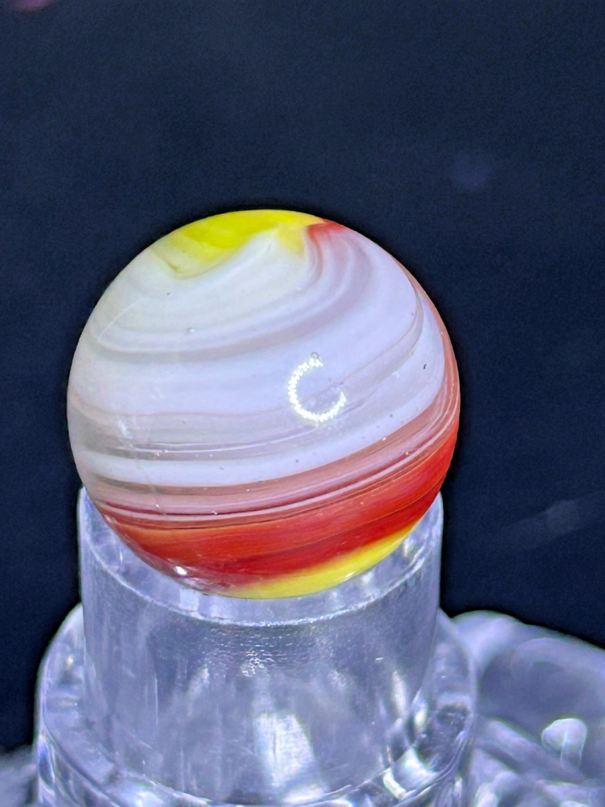Vintage Akro Agate Popeye Marble, Red/Yellow/White, UV+, .62″, Wet Mint, AP9